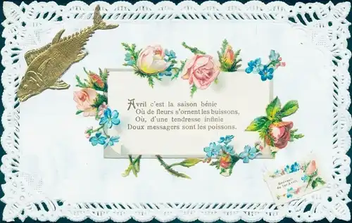 Ak Glückwunsch 1. April, Fisch, Rosen, Vergissmeinnicht