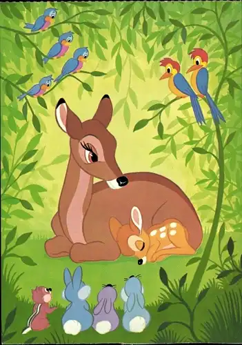 Künstler Ak Disney, Bambi mit Mutter, Hasen, Vögel, Zwerg