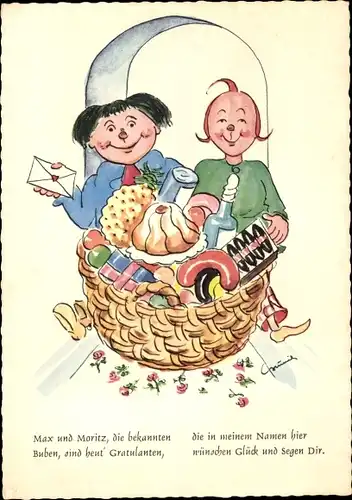 Künstler Ak Glückwunsch, Max und Moritz die bekannten Buben, Wilhelm Busch
