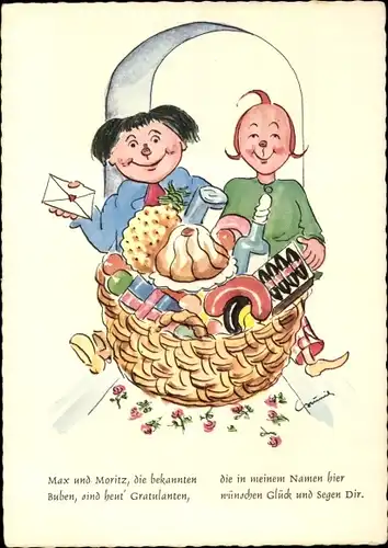 Künstler Ak Glückwunsch, Max und Moritz die bekannten Buben, Wilhelm Busch
