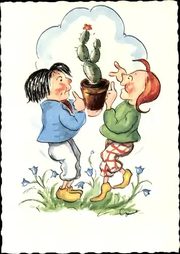 Künstler Ak Max und Moritz mit Kaktus, Blumenwiese