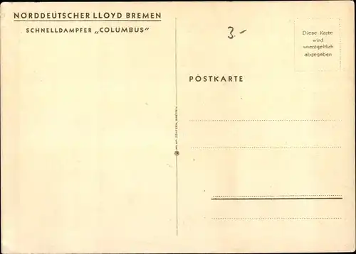 Ak Dampfschiff Columbus, Norddeutscher Lloyd Bremen, Ansicht Backbord