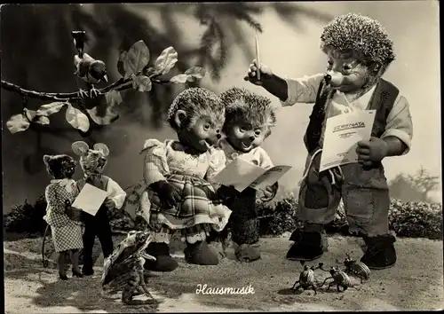 Ak Mecki der Igel, Hausmusik, Igelkinder, Frosch, Mäuse, Maikäfer