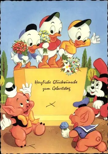 Ak Glückwunsch Geburtstag, Tick, Trick und Track, Schweinchen, Blumensträuße