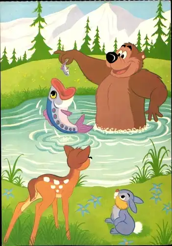 Ak Disney, Bambi, Bär, Fisch, Hase
