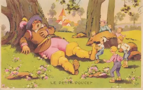 Glitzer Künstler Ak Ida, Der kleine Däumling, Schlafender Mann, Kinder, Wald