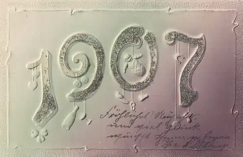 Präge Glitzer Ak Jahreszahl 1907, Sektflasche, Glücksklee, Neujahr