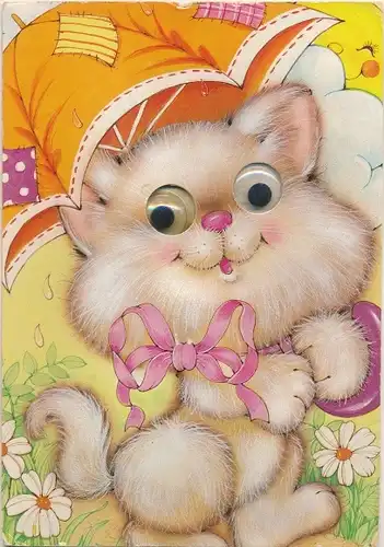 Wackelaugen Ak Katze, Tier-Portrait, Regenschirm, Schleife