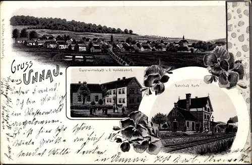 Litho Unnau im Westerwald, Bahnhof Korb, Gleisseite, Gastwirtschaft