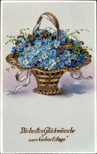 Präge Ak Glückwunsch Geburtstag, Korb mit Vergissmeinnicht