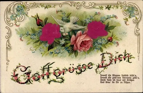 Stoff Präge Ak Glückwunsch, Gott grüße dich, Tauben mit Rosen