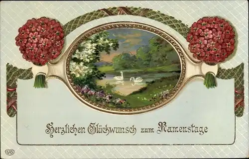 Präge Litho Glückwunsch Namenstag, Landschaft, Schwäne, Blüten