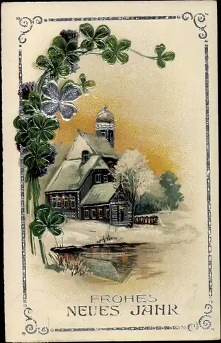 Präge Litho Glückwunsch Neujahr, Winterlandschaft, Ortschaft, Kleeblätter