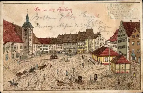 Litho Freiberg in Sachsen, Freiberger Obermarkt um das Jahr 1790