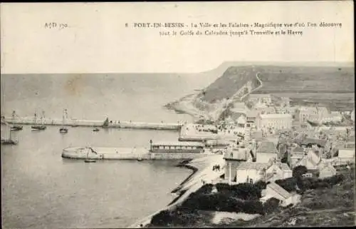 Ak Port en Bessin Calvados, La Ville et les Falaises