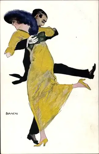 Künstler Ak Bianchi, Tanzpaar, Frau in gelbem Kleid