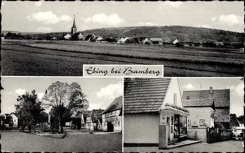 Ak Ebing Rattelsdorf in Oberfranken, Panorama, Straßenpartie, Geschäft