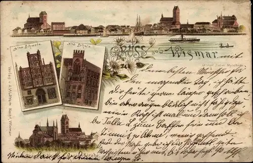 Litho Hansestadt Wismar, Panorama, Alter Schwede, alte Schule, Georgenkirche, Marienkirche