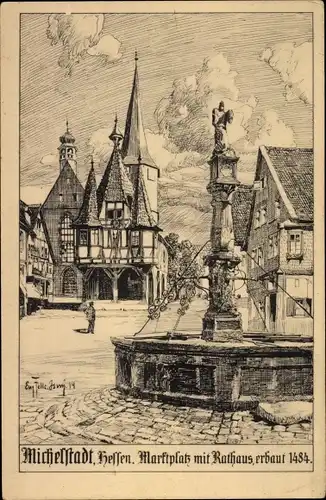 Künstler Ak Felle, Eugen, Michelstadt im Odenwald Hessen, Marktplatz, Rathaus, Brunnen