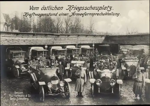 Ak Östlicher Kriegsschauplatz, Kraftwagenstand einer Armeefernsprechabteilung, I WK