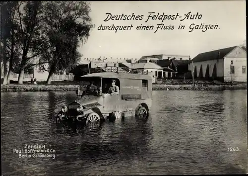 Ak Galizien, Deutsches Feldpostauto durchquert einen Fluss, I WK