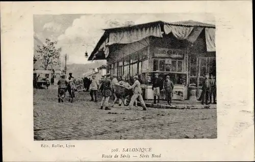 Ak Thessaloniki Griechenland, Straße nach Seres, Geschäft