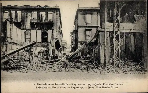 Ak Thessaloniki Griechenland, Hafen, Max Harden Straße, Brand der Stadt 1917, Ruinen