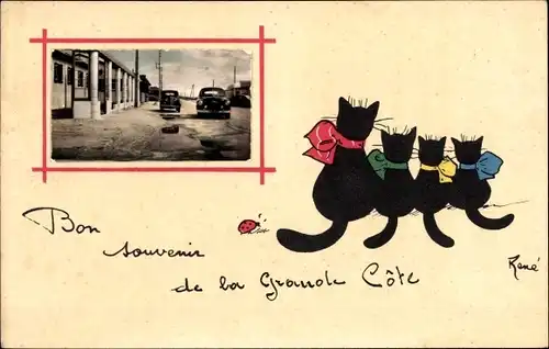 Passepartout Ak Schwarze Katzen mit bunten Schleifen, Straßenpartie