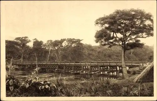 Ak Brazzaville Französisch-Kongo, Holzbrücke über den Djoue