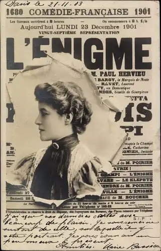 Zeitungs Ak Comedie Francaise, L'Enigme, Profilansicht einer Frau