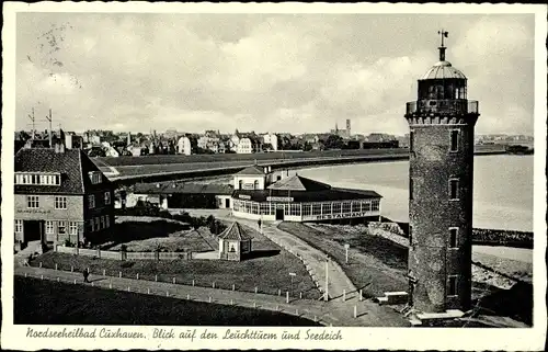 Ak Cuxhaven in Niedersachsen, Leuchtturm und Seedeich