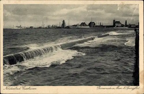 Ak Cuxhaven in Niedersachsen, Promenade am Meer bei Springflut