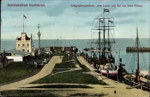 Ak Nordseebad Cuxhaven, Telegrafengebäude Alte Liebe, Alter Hafen, Segelschiff