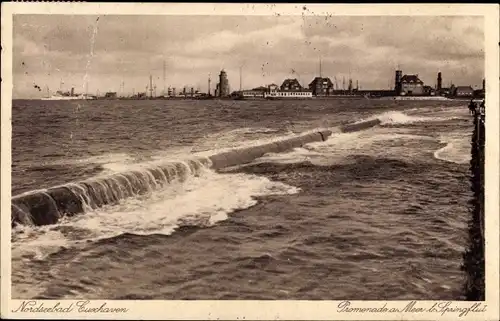 Ak Cuxhaven in Niedersachsen, Promenade am Meer bei Springflut