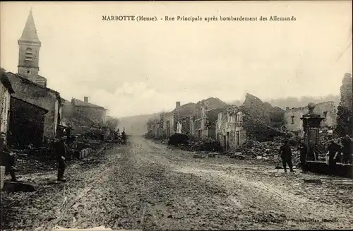 Ak Marbotte Maas, Hauptstraße nach Bombardierung, Kriegszerstörung I. WK