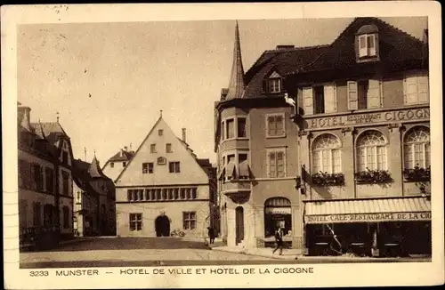 Ak Munster Münster Elsass Haut Rhin, Rathaus, Hotel de la Cigogne