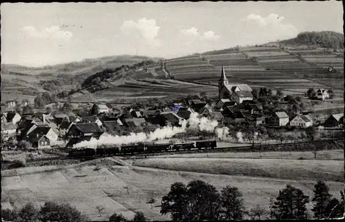 Ak Oberbach Wildflecken in der Rhön Unterfranken, Panorama, Kirche, Eisenbahn, Dampflokomotive