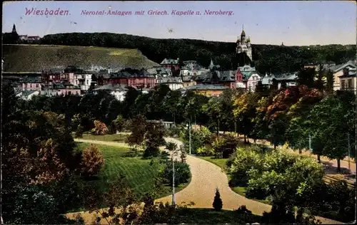 Ak Wiesbaden in Hessen, Nerotal-Anlagen mit Griech. Kapell u. Neroberg