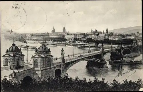 Ak Mainz am Rhein, Brücke, Stadtpanorama, Schiffe
