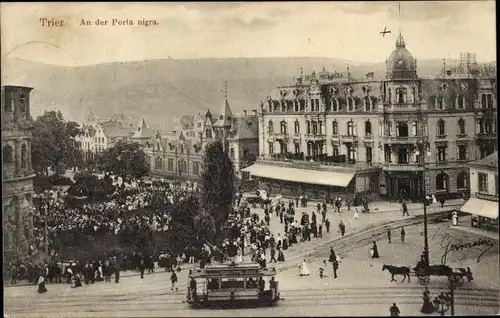 Ak Trier an der Mosel, An der Ports nigra, Tram