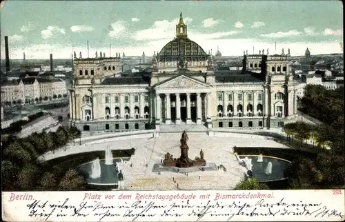 Ak Berlin Tiergarten, Reichstagsgebäude mit Bismarckdenkmal