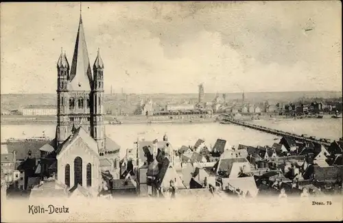 Ak Deutz Köln am Rhein, Rheinpartie, Brücke, Kirche