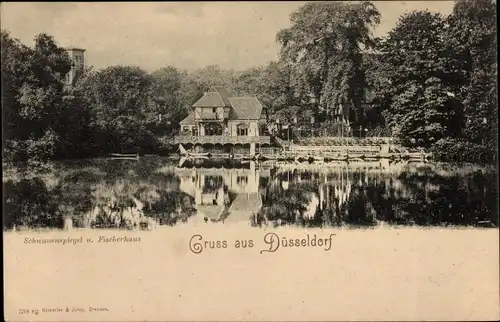 Ak Düsseldorf am Rhein, Schwanenspiegel und Fischerhaus