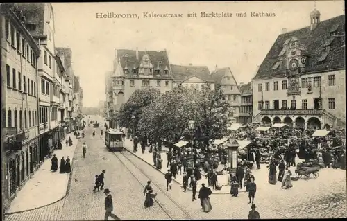 Ak Heilbronn am Neckar, Kaiserstraße mit Marktplatz und Rathaus, Straßenbahn, Passanten, Marktszene