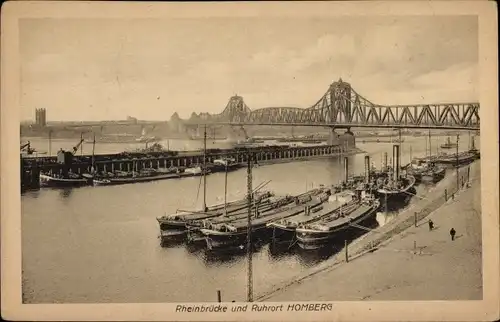 Ak Homberg Ruhrort Duisburg im Ruhrgebiet, Rheinbrücke, Schiffe, Anleger
