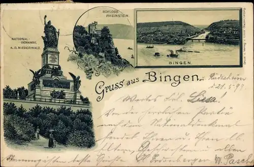 Litho Rüdesheim am Rhein, Niederwald Nationaldenkmal, Panorama, Mäuseturm