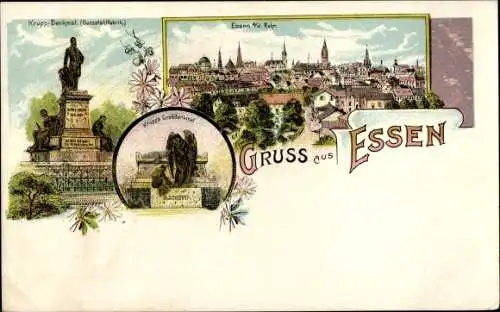 Litho Essen im Ruhrgebiet, Krupp-Denkmal, Gussstahlfabrik, Krupps Grabdenkmal, Ortsansicht