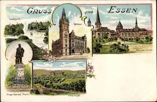 Litho Essen im Ruhrgebiet, Rathaus, Stadtgarten, Münster-Kirche, Krupp-Denkmal, Markt, Villa-Hügel