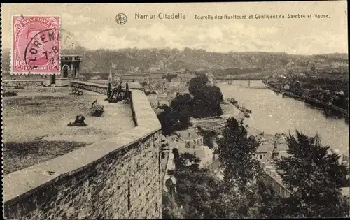 Ak Namur Wallonie, Tourelle des Guelteurs und Zusammenfluss von Sambre und Maas