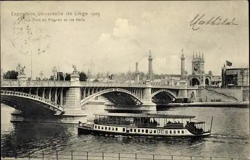Postkarte Lüttich Lüttich Wallonien, Weltausstellung 1905, Pont de Fragnée, Les Halls